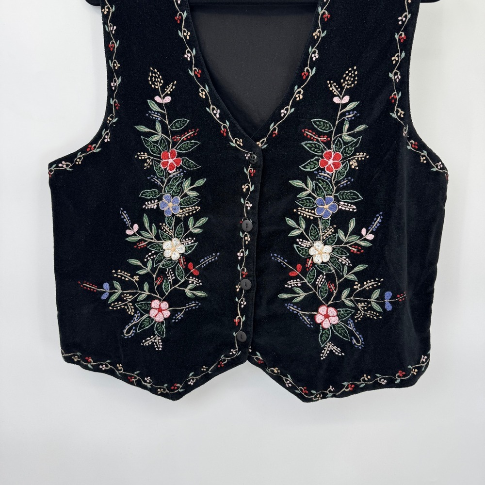 Keren Hart Velvet Vest Women XL Black Floral Embroidered Button Cottagecore - Picture 6 of 13